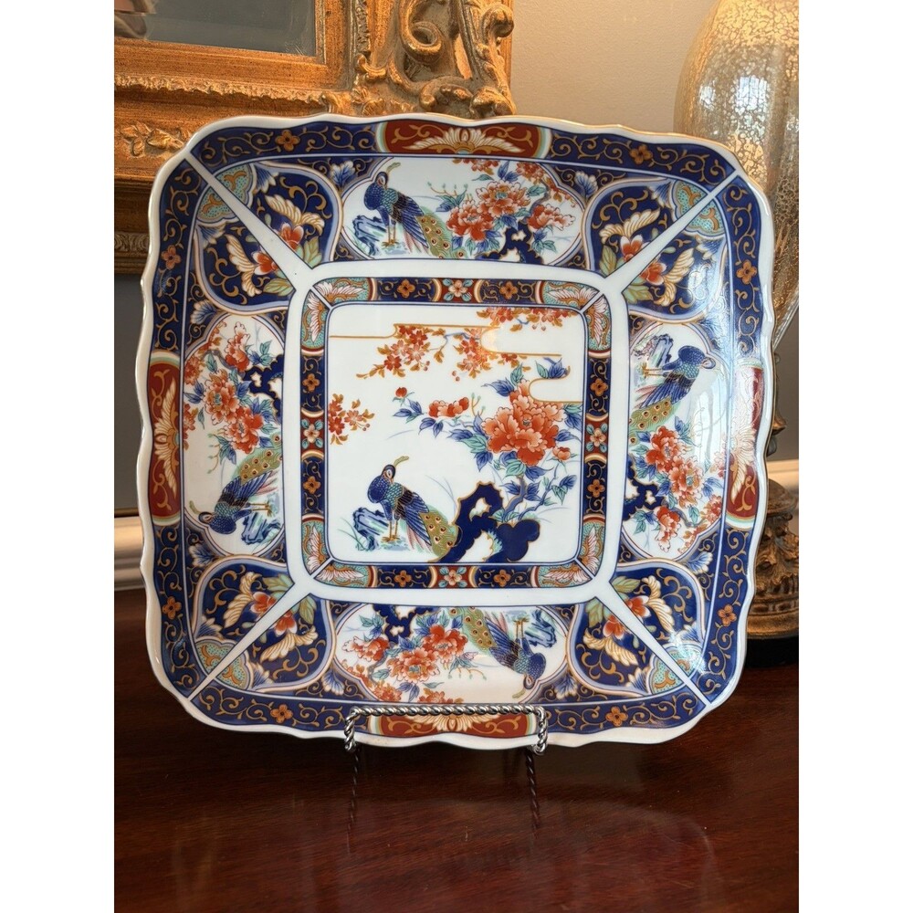 Vintage Japanese Imari Porcelain Platter Square Scalloped Tray Peacock Flowers